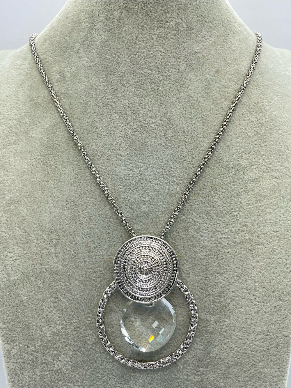 Silver Tone Clear Faceted Crystal Statement Pendant Necklace